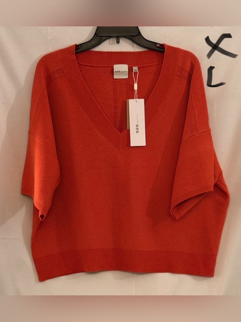 525 America V-Neck Short Sleeve Sweater in Red-Orange